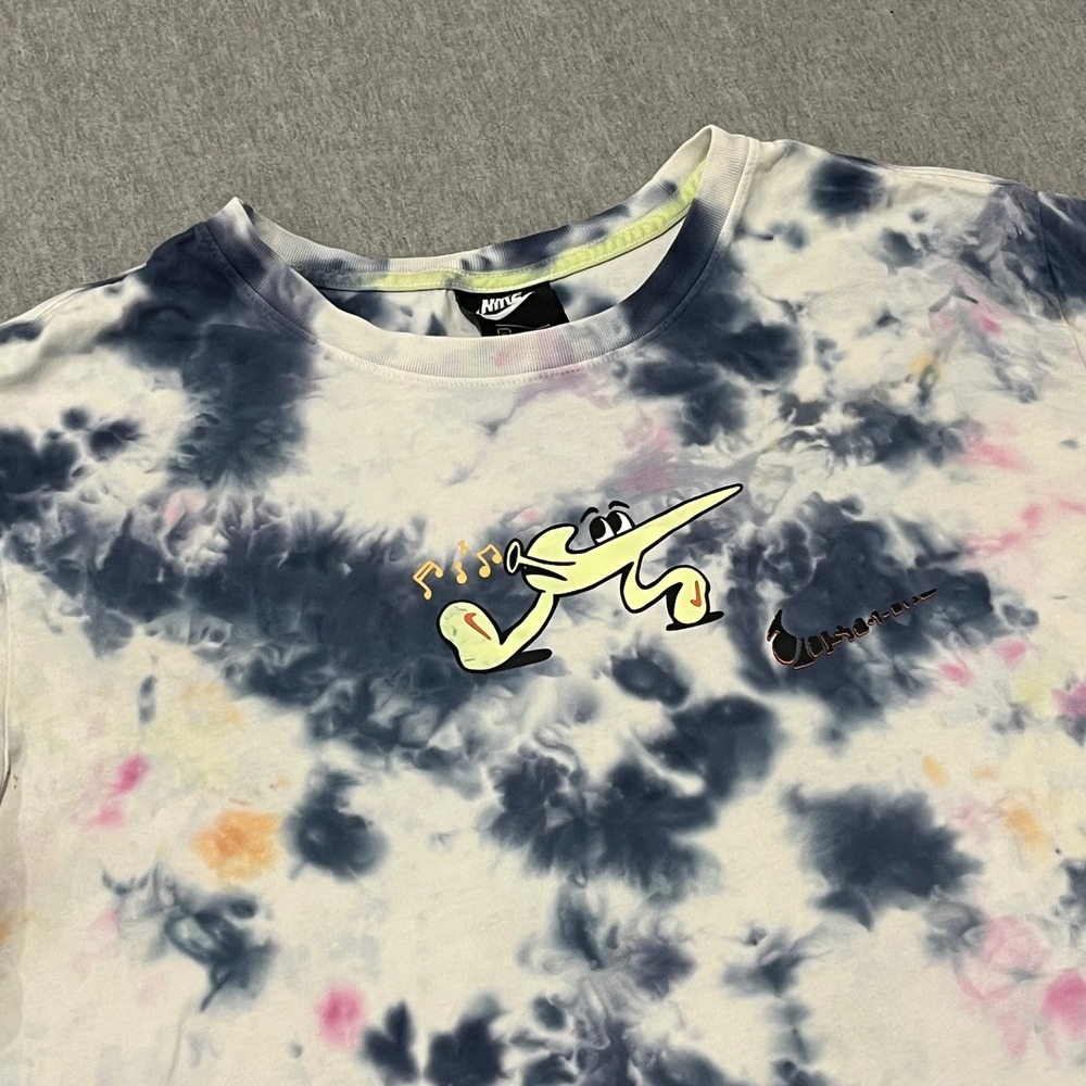 Nike Mens XL Tie Dye Graphic T-Shirt Blue Pink Yellow Just Do It Cartoon Swoosh